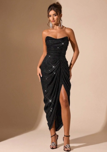 Strapless Sequin Glitter Spilt Bodycon Maxi Dress