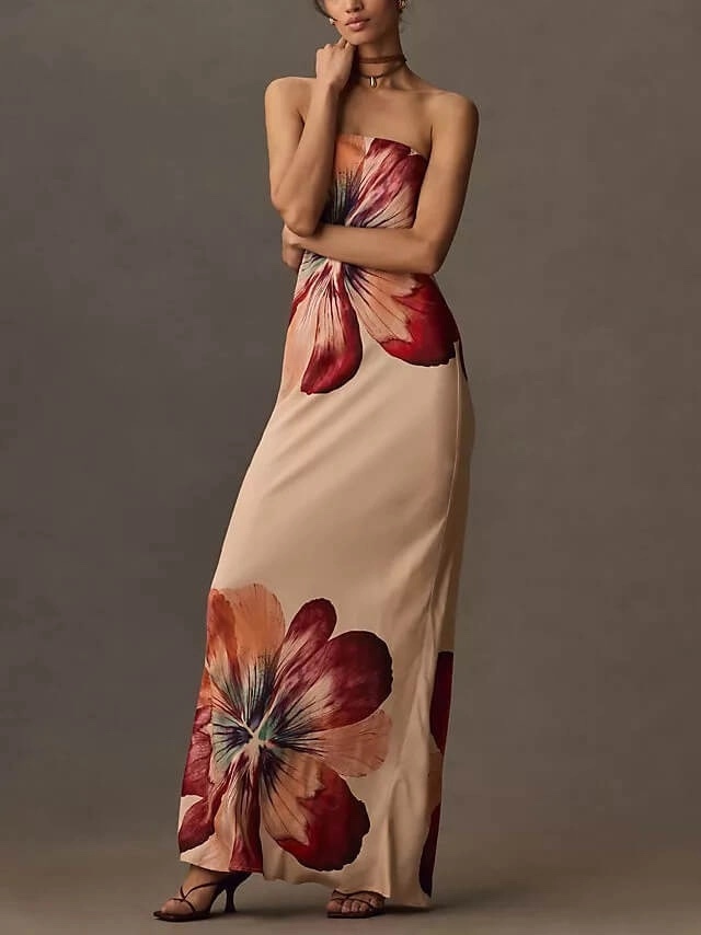 Floral Strapless Neutral Bodycon Vacation Maxi Dress