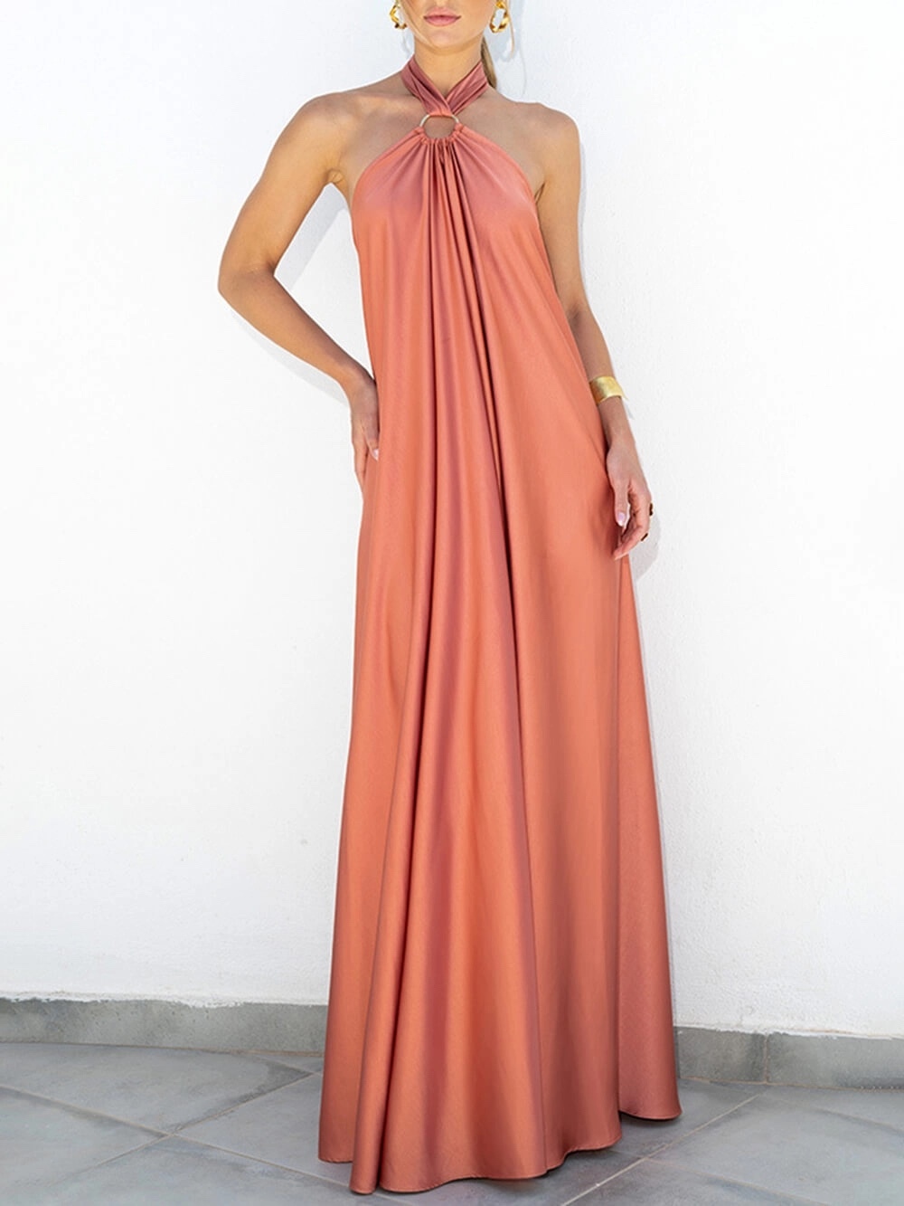 Halter Scoop Neck Holiday Vacation Maxi Dress