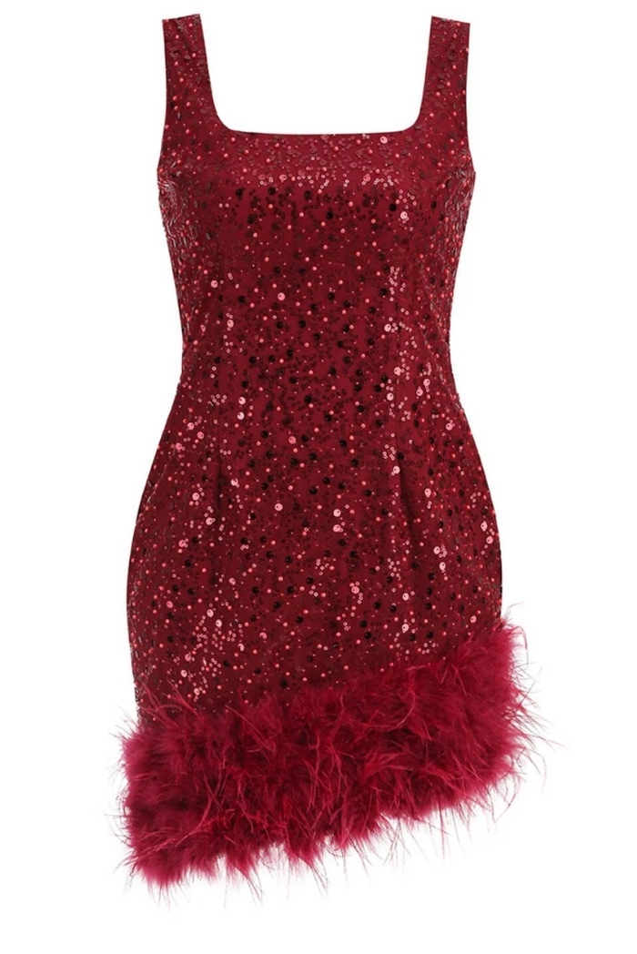 Square Neck Sleeveless Feather Hem Sequin Glitter Mini Dress