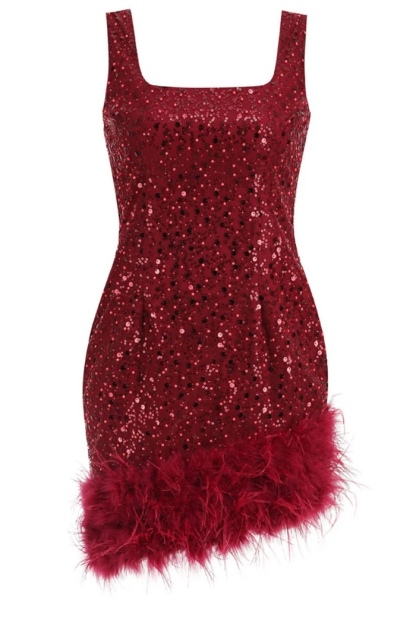 Square Neck Sleeveless Feather Hem Sequin Glitter Mini Dress
