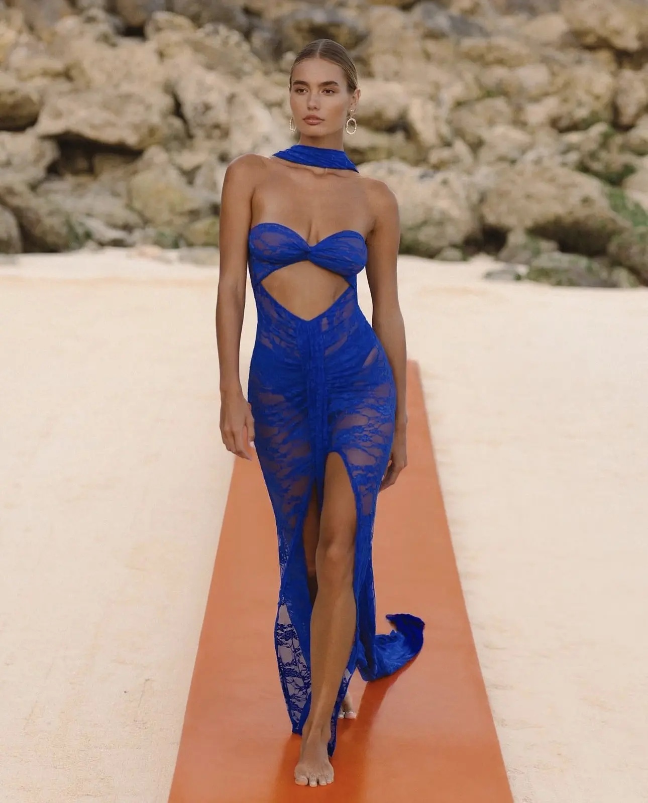 Blue Strapless Lace Cut Out Long Maxi Dress