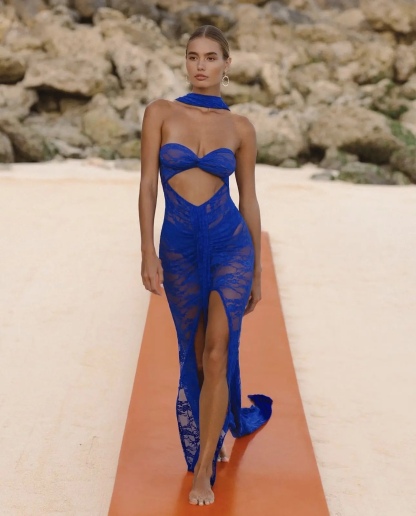Blue Strapless Lace Cut Out Long Maxi Dress