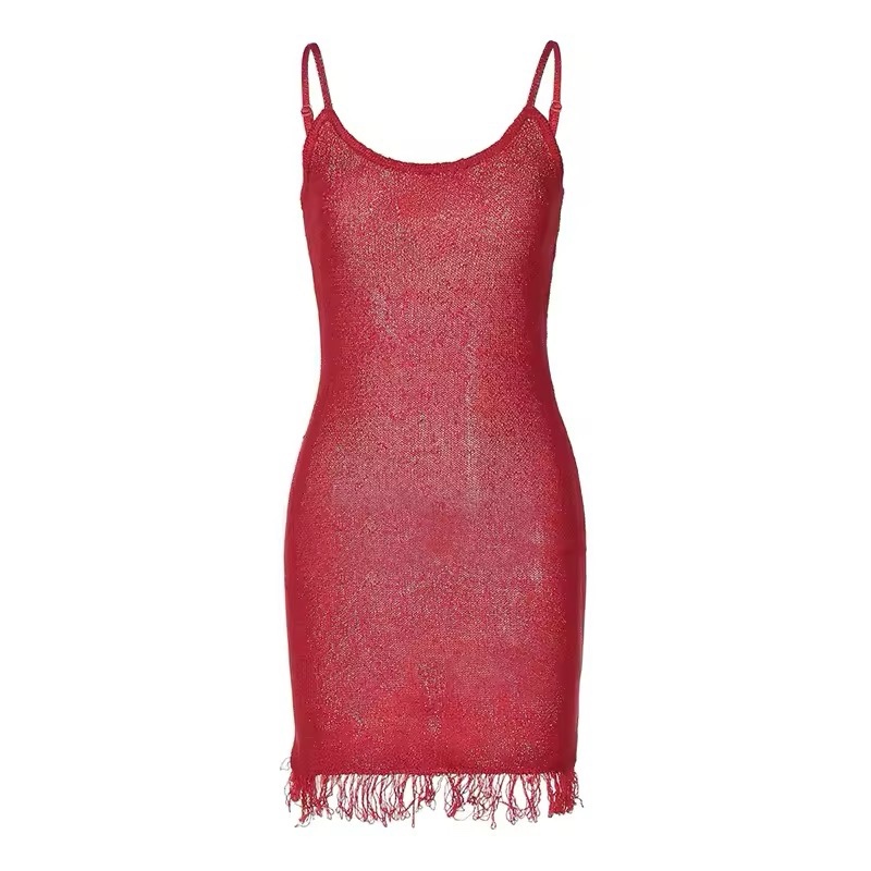 Red Glitter Crochet Tassel Holiday Mini Dress