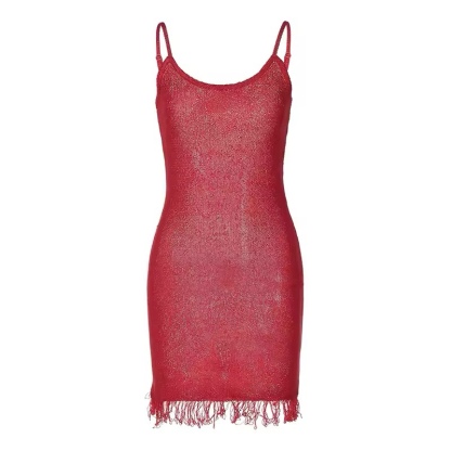 Red Glitter Crochet Tassel Holiday Mini Dress