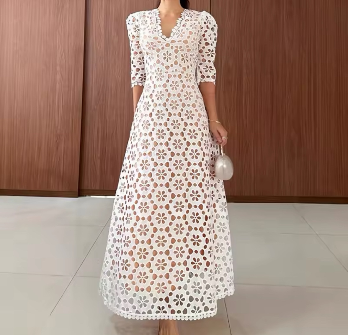 Crochet Patterned Short Sleeve A Line Summer Vacation Maxi Dress