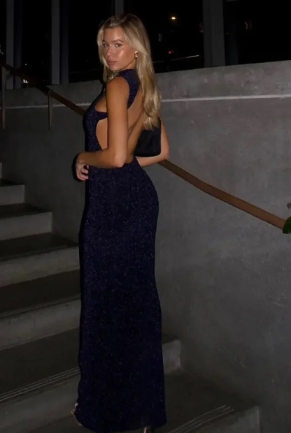 Sparkly Black Backless Maxi Sexy Sleeveless Dress