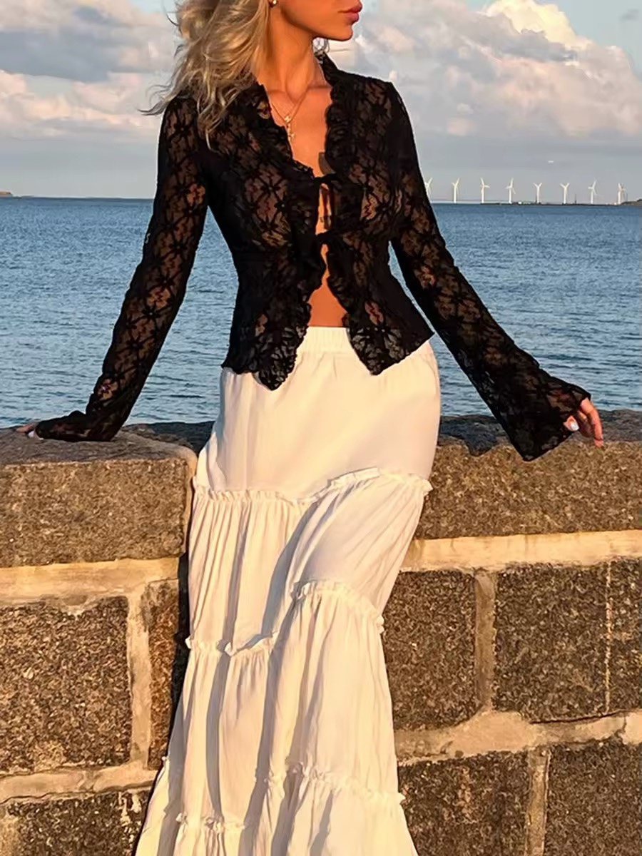 Lace Tie Up Long Sleeve Top