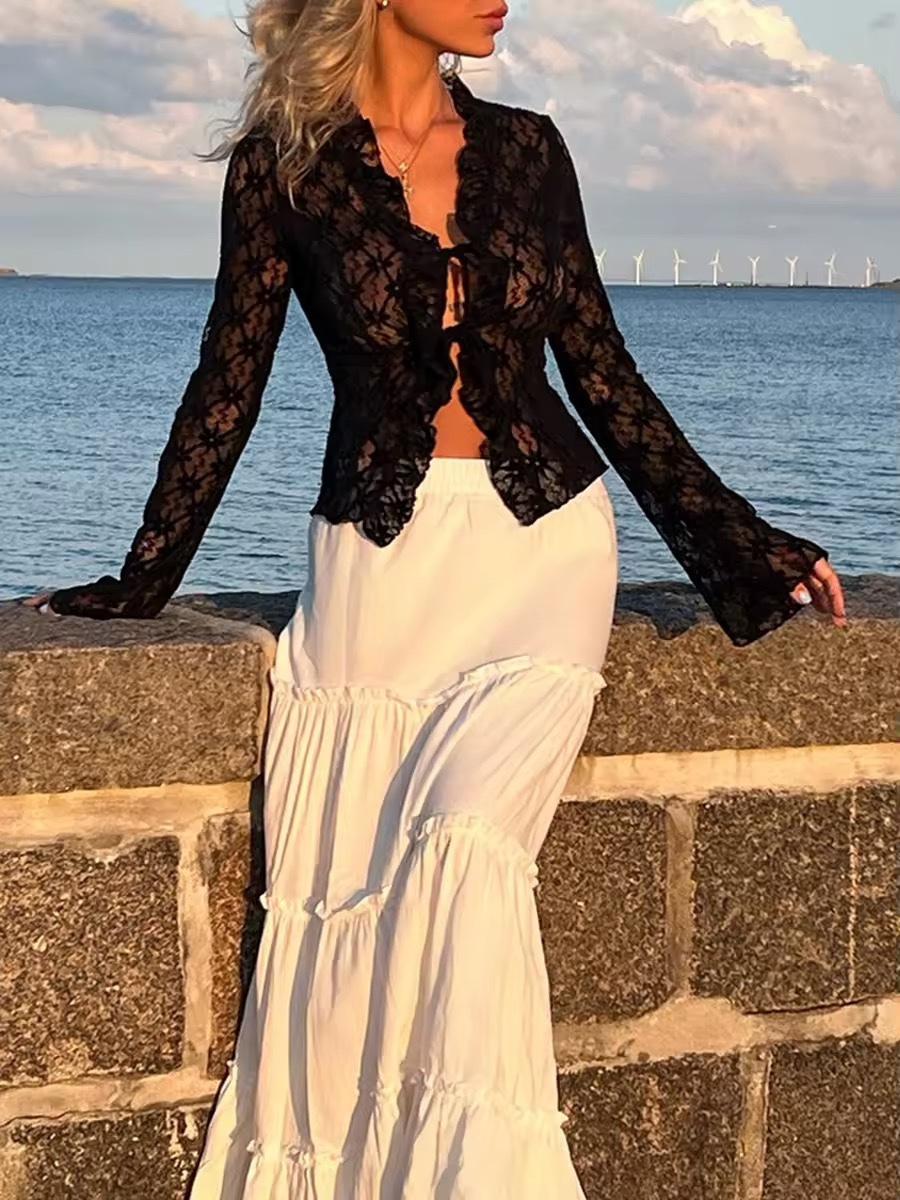 Lace Tie Up Long Sleeve Top