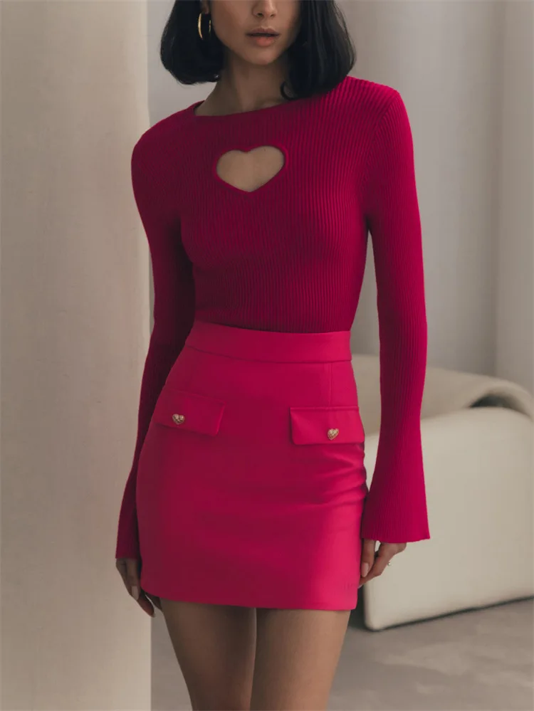 Heart Cut Out Ribbed Long Sleeve Knit Top