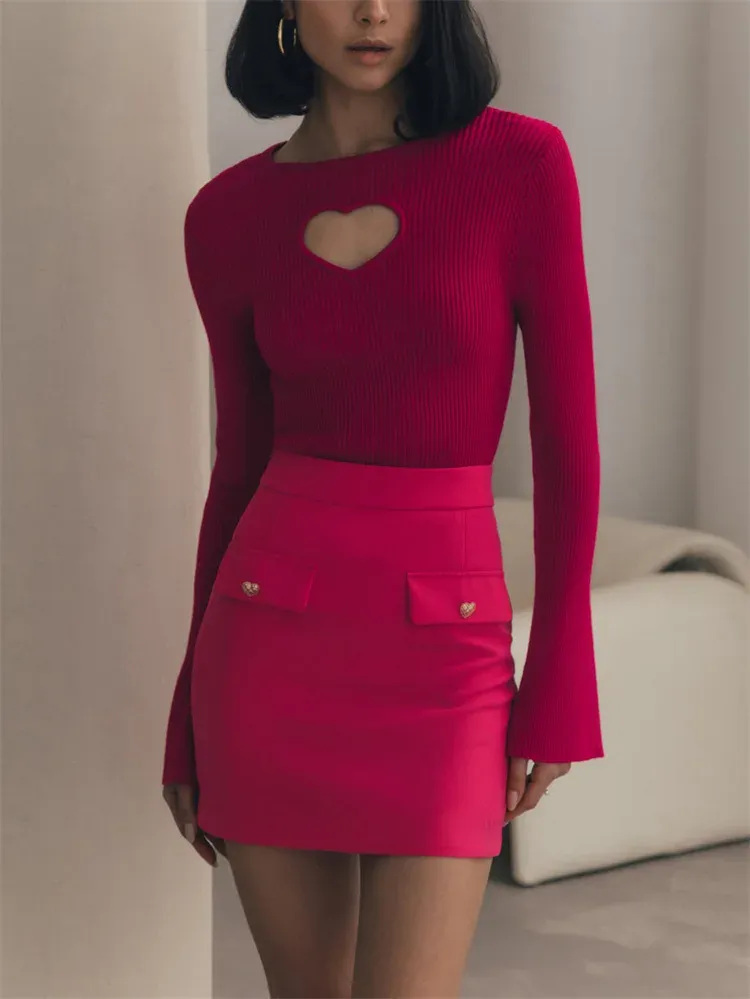 Heart Cut Out Ribbed Long Sleeve Knit Top