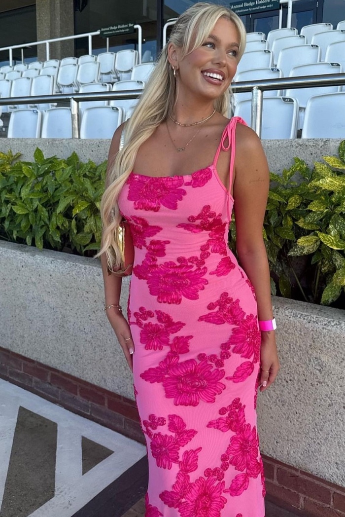 Pink Floral Spaghetti Strap Bodycon Maxi Dress