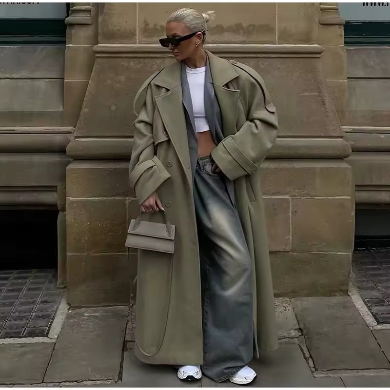 Khaki Long Sleeve Turn Collar Belted Coat