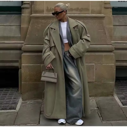 Khaki Long Sleeve Turn Collar Belted Coat