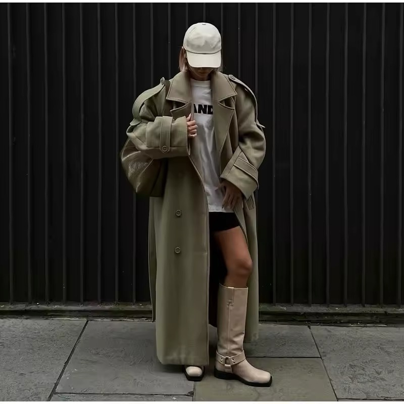 Khaki Long Sleeve Turn Collar Belted Coat