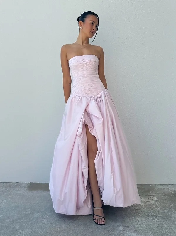 Pink Bubble Hem Ruffle Formal Maxi Dress