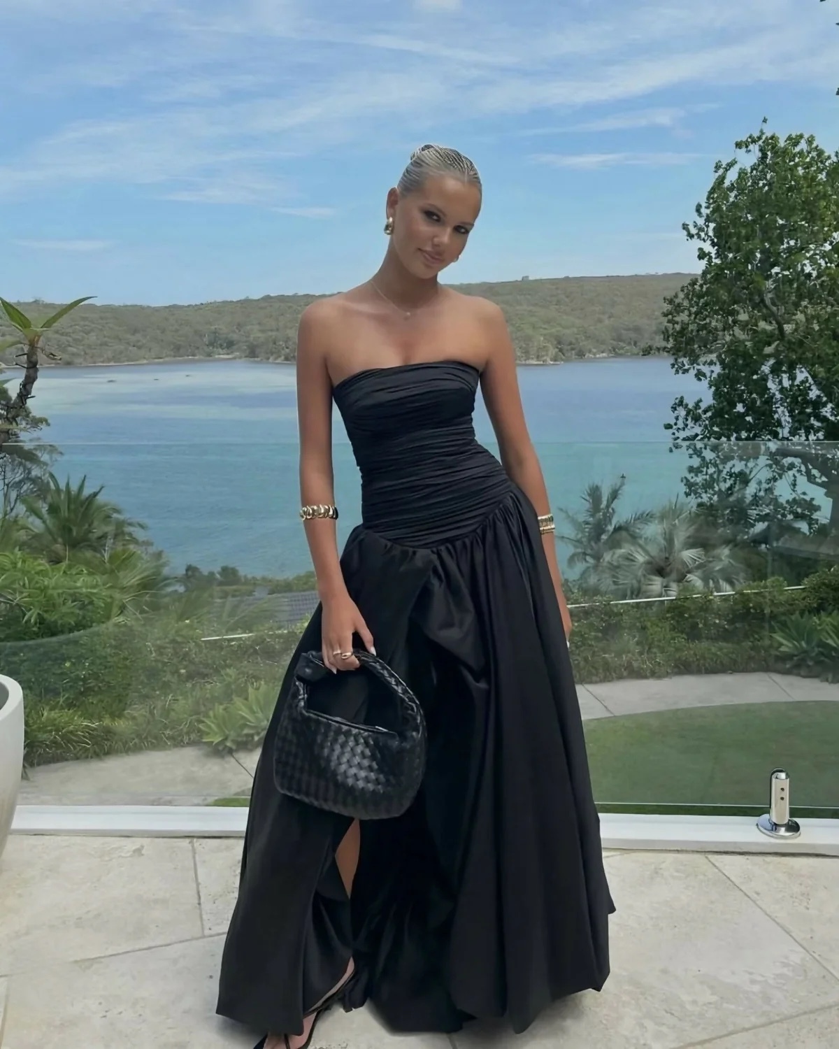 Black Strapless Occasion Elegant Gown Bubble Maxi Dress