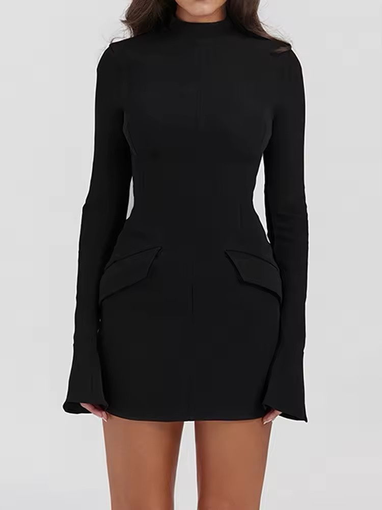 Long Sleeve Black A Line Elegant Mini Dress