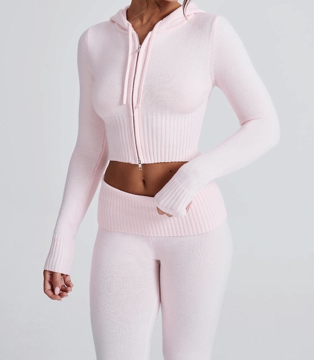 Pink Knitted Hooded Jacket and Trousers Set