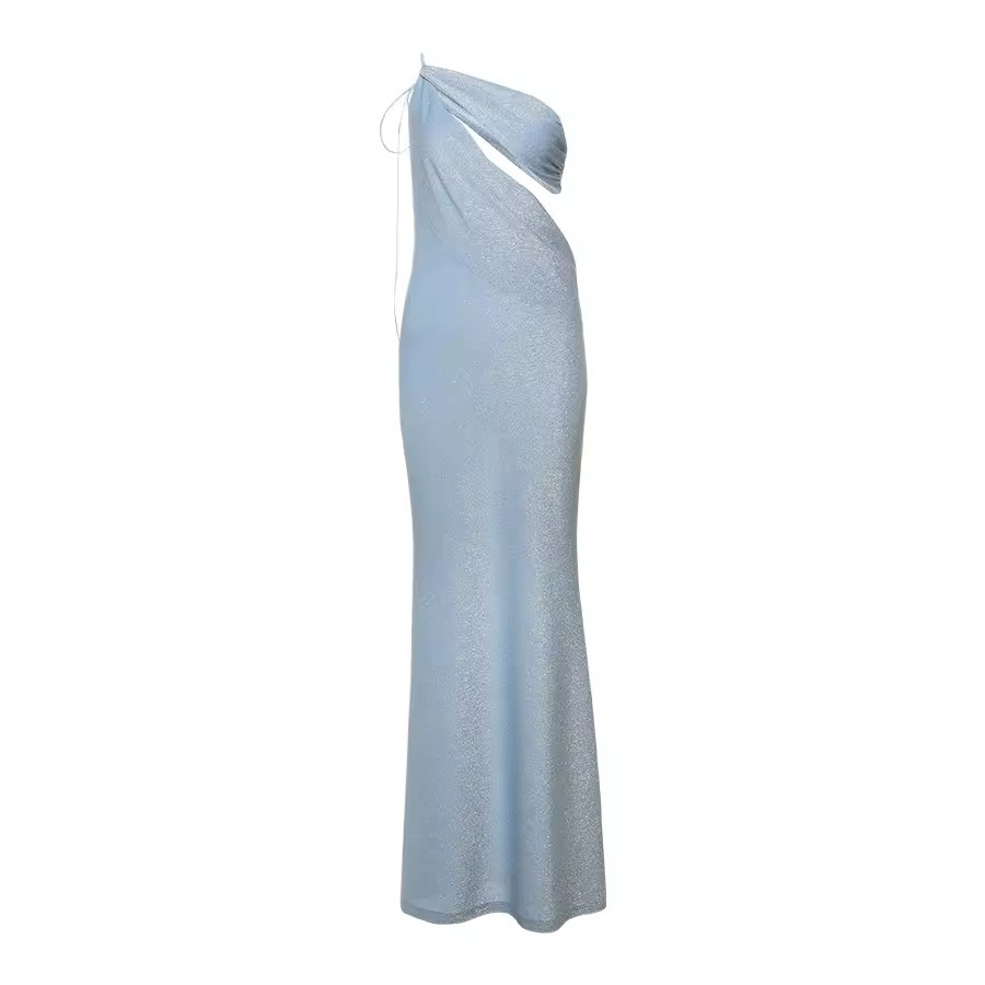 Sleeveless One Shoulder Backless Glitter Bodycon Maxi Dress