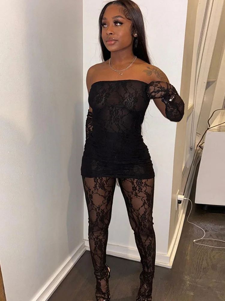 Mesh Strapless Top &  Lace Leggings Set