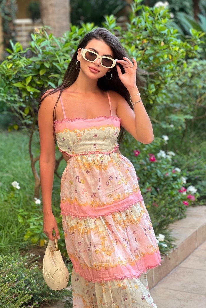 Pink Floral Ruffle Layered A-line Maxi Dress