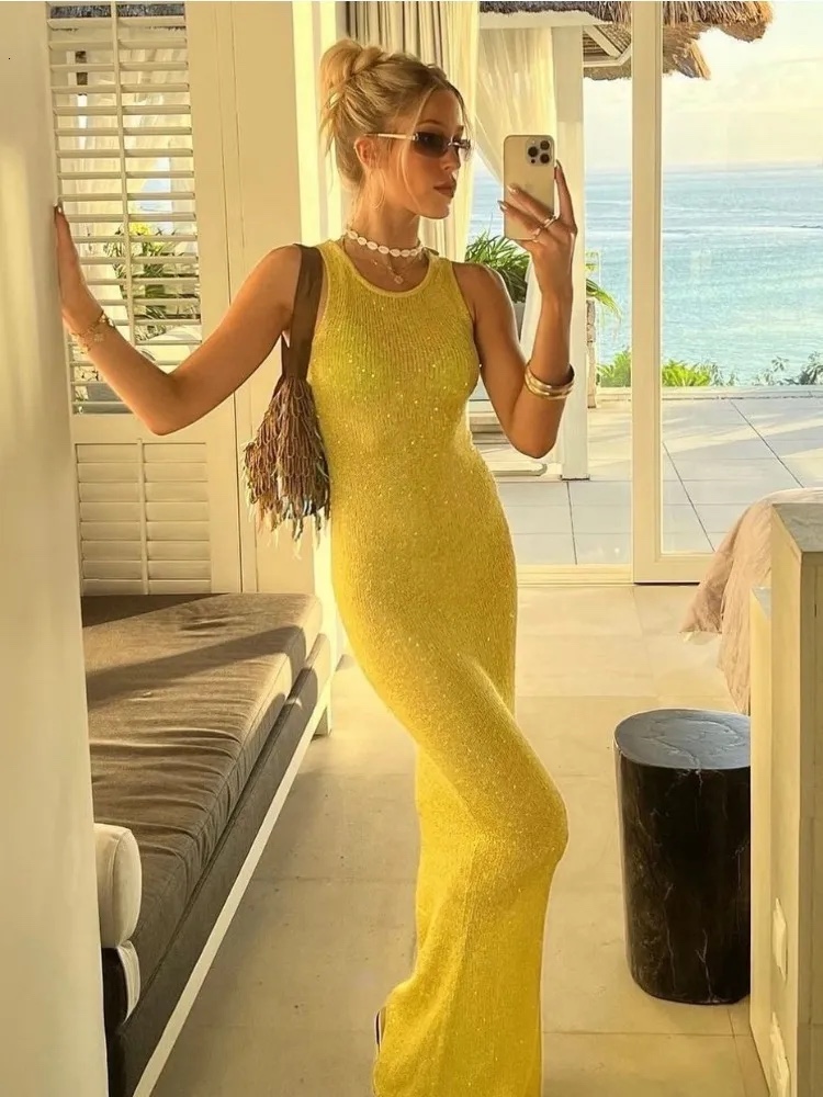 Glitter Bodycon Sleeveless Summer Vacation Holiday Maxi Dress