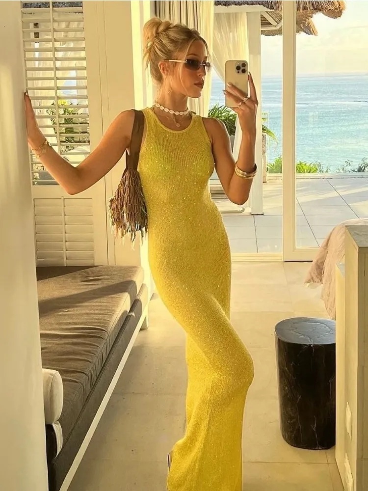 Glitter Bodycon Sleeveless Summer Vacation Holiday Maxi Dress