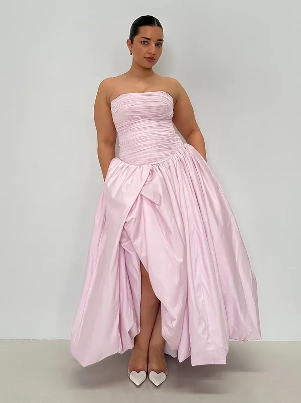 Pink Bubble Hem Ruffle Formal Maxi Dress