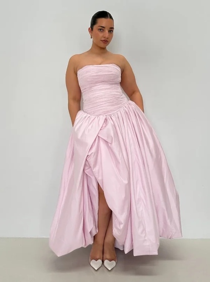 Pink Bubble Hem Ruffle Formal Maxi Dress