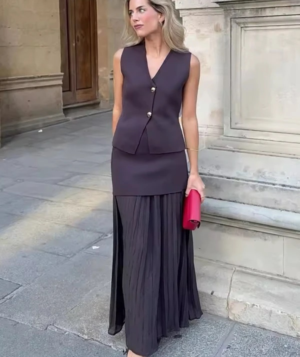Button V Neck Top & Maxi Skirt Set Two Piece