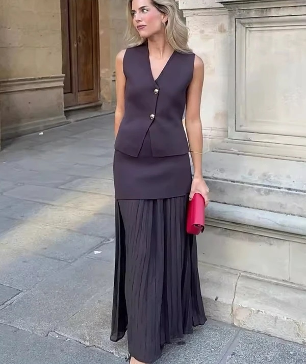 Button V Neck Top & Maxi Skirt Set Two Piece