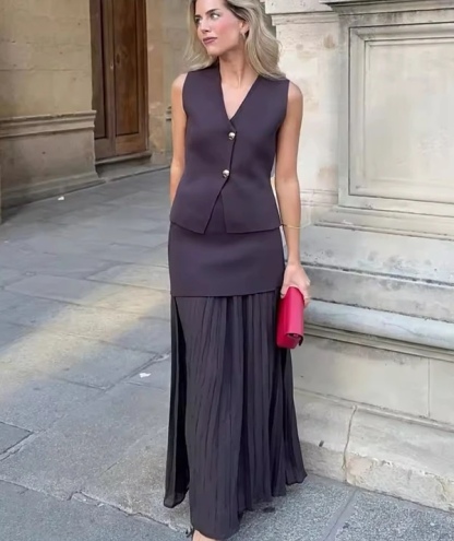 Button V Neck Top & Maxi Skirt Set Two Piece