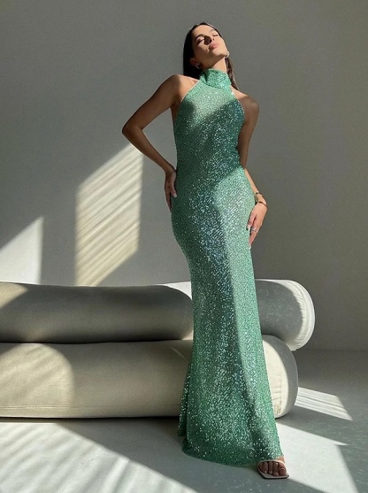 Green Sequin Glitter Halter Neck Maxi Dress