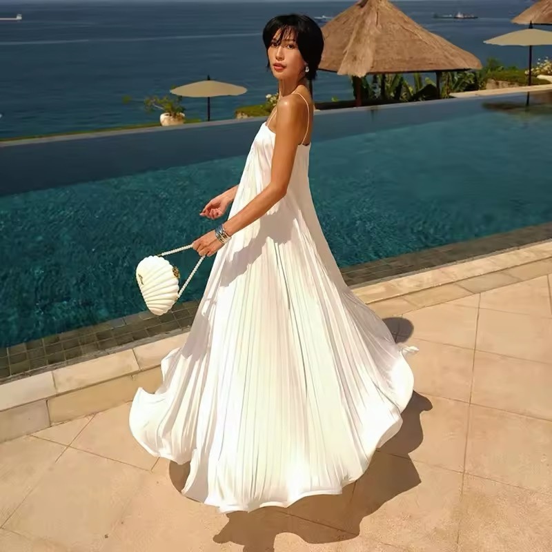 Pleated Halter A Line Summer Vacation Maxi Dress