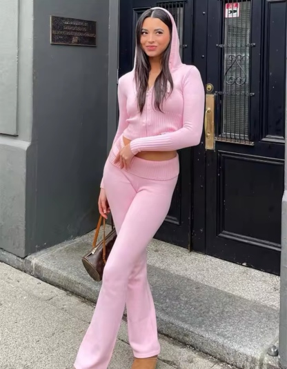 Pink Knitted Hooded Jacket and Trousers Set