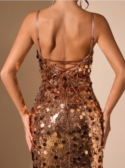Gold Sequin Spaghetti Strap Maxi Dress