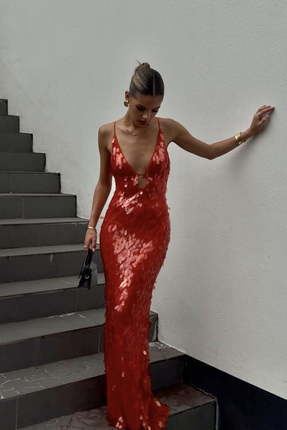 Red Sequin Mermaid V Neck Maxi Dress