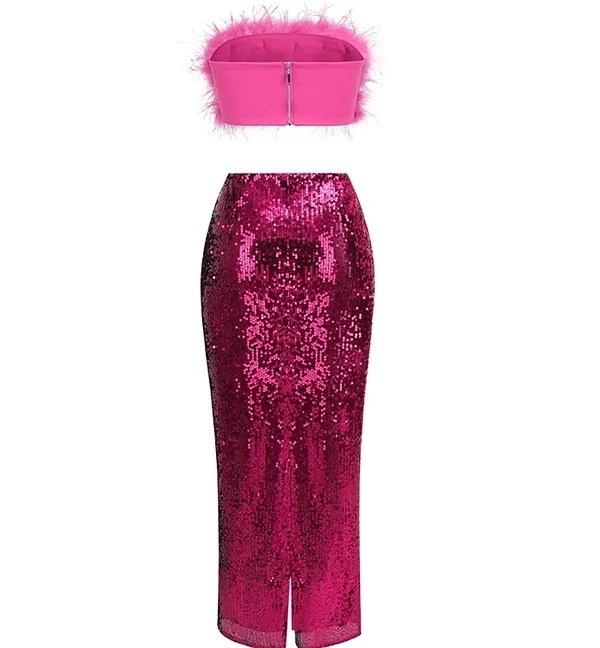 Pink Feather Detail Top & Sequin Maxi Skirt