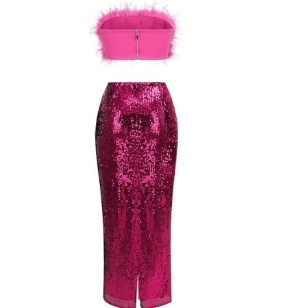 Pink Feather Detail Top & Sequin Maxi Skirt
