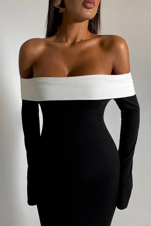 Black White Two Tone Long Sleeve Bodycon Maxi Dress