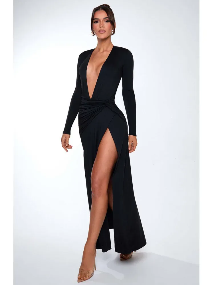 Long SLeeve V Neck Bodycon High Slit Maxi Dress