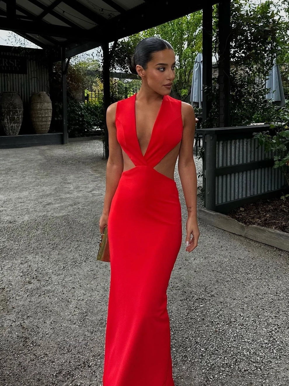 Red Sleeveless V Neck Bodycon Occasion Maxi Dress