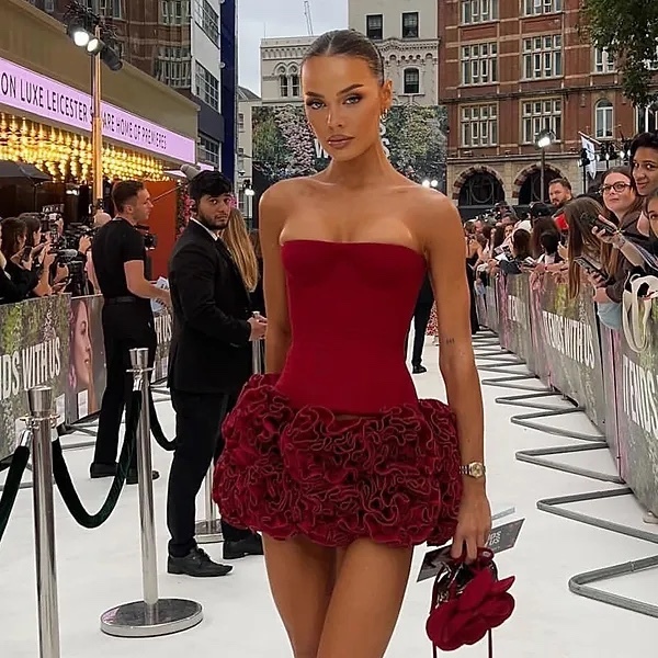 Red Flower Detail Strapless Corset Style Mini Dress