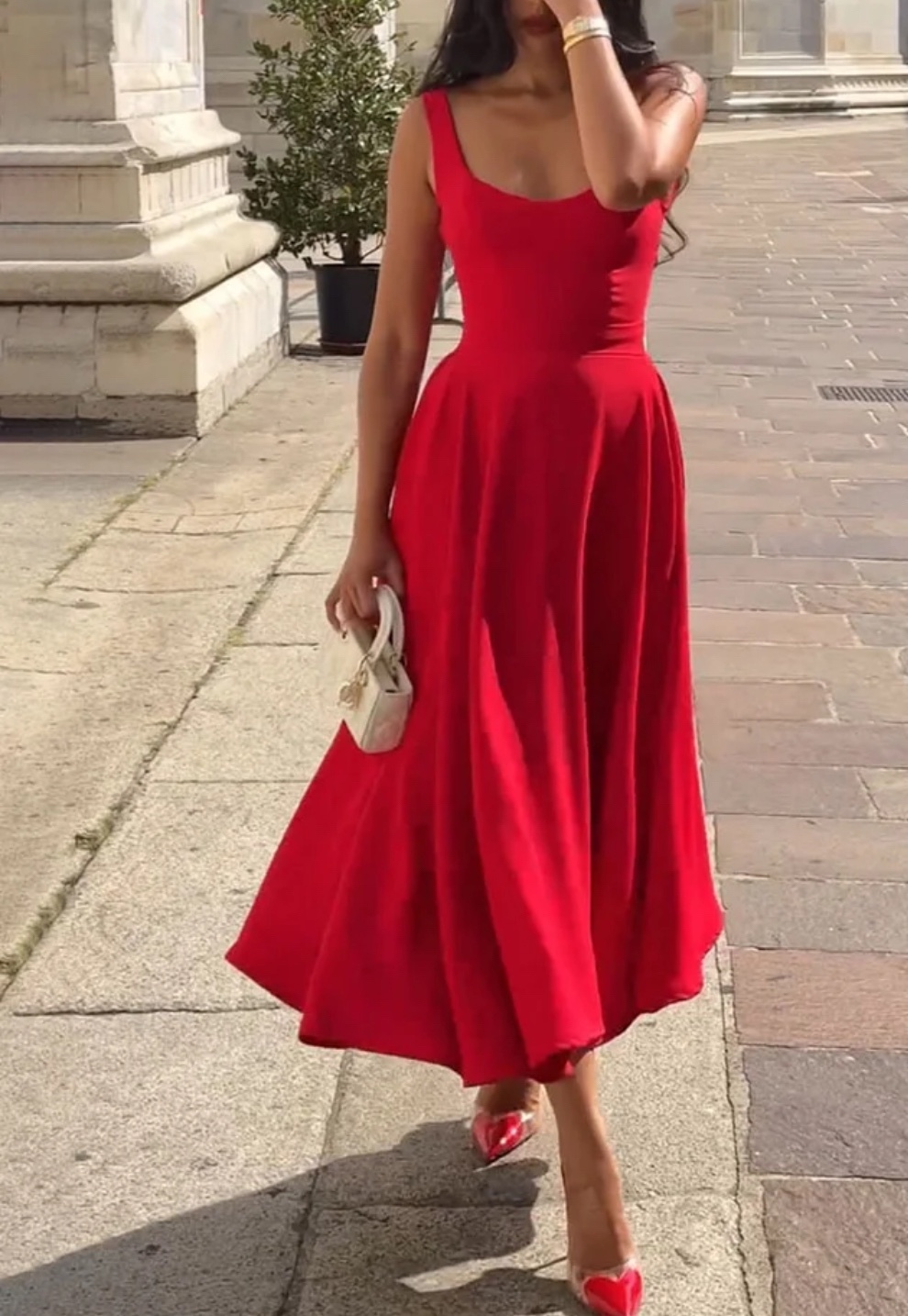 Red Square Neck Sleeveless Vacation Summer A Line Midi Dress