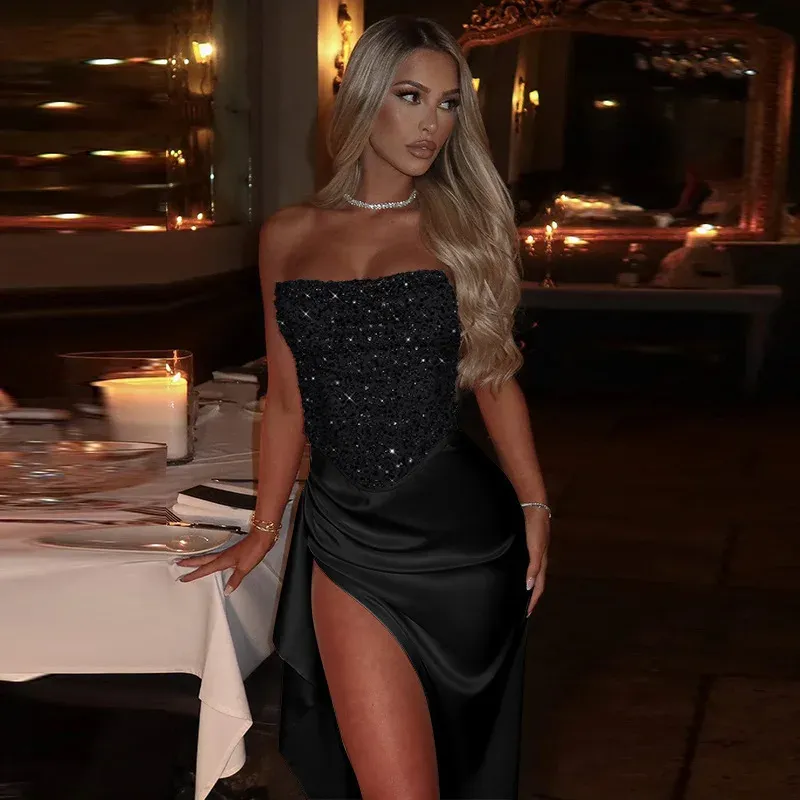 NIDANSSI Strapless Sequin Pleated Evening Party Dress Women Backless Robes Elegant Sexy Dress Bodycon Long Summer Dress Vestidos