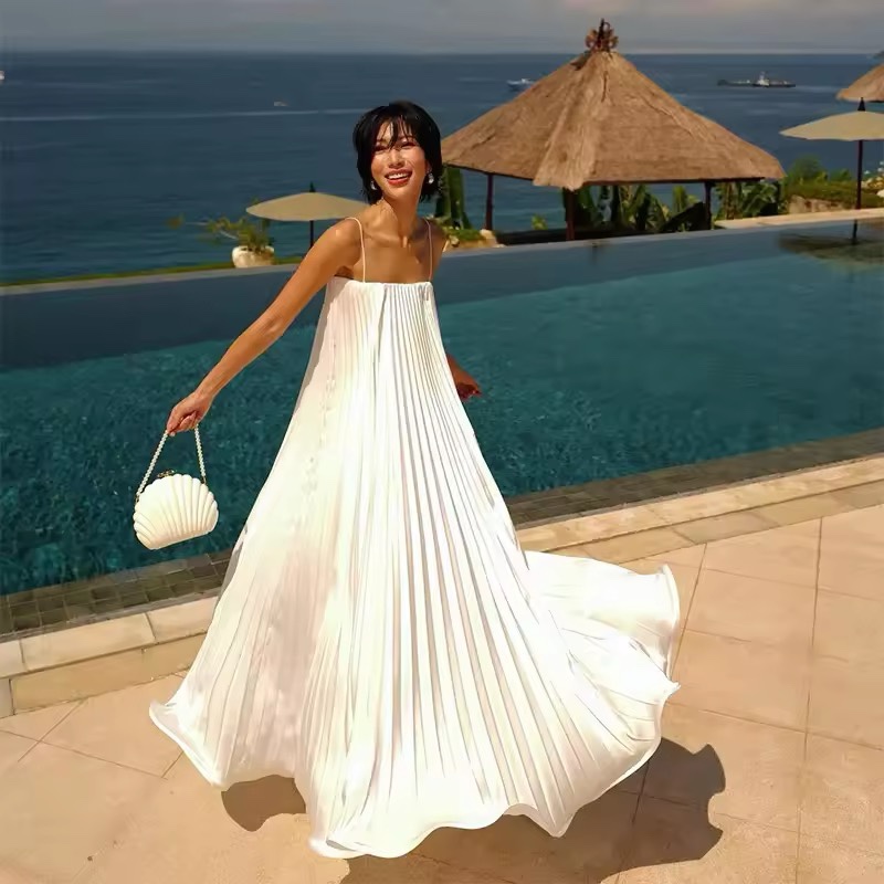 Pleated Halter A Line Summer Vacation Maxi Dress