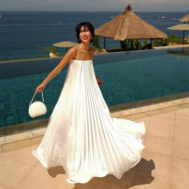 Pleated Halter A Line Summer Vacation Maxi Dress