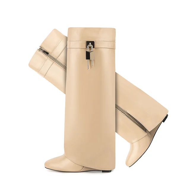 Lock Detail Fold Knee High Boots