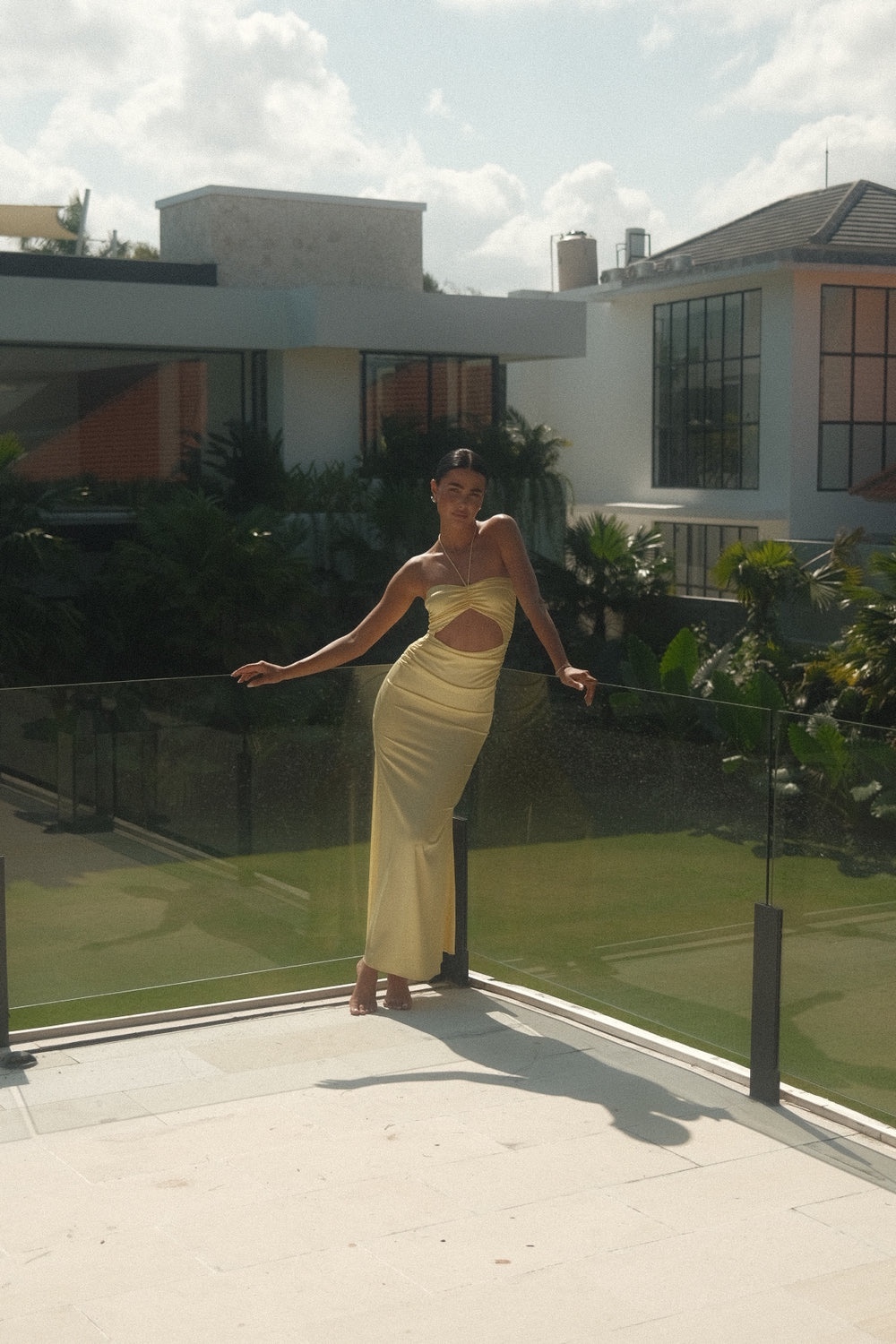 Yellow Silk Halter Cut Out Occasion Formal Maxi Dress